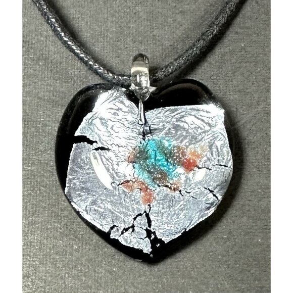Art Glass Heart Pendant On Cord Dichroic Handcrafted Fused Lampwork 1.5” - Picture 3 of 16